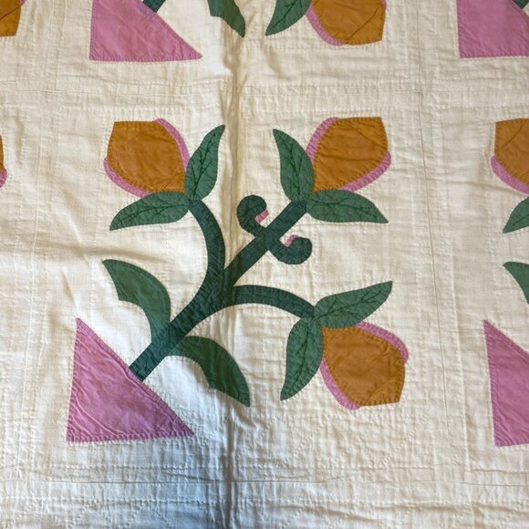 Antique Vintage Tulip Applique Quilt Reversible Date Embroidred 1931  92" x 78" - Picture 4 of 13